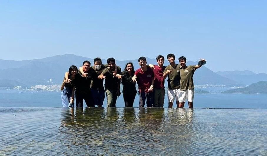 Morningside College orientation camp, standing in an infinity pool above the sea